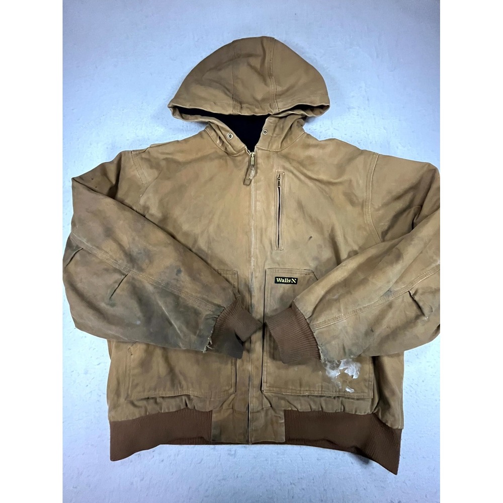 Walls Hooded Work Jacket Mens XL Brown Canvas Distressed Pockets Full Zip